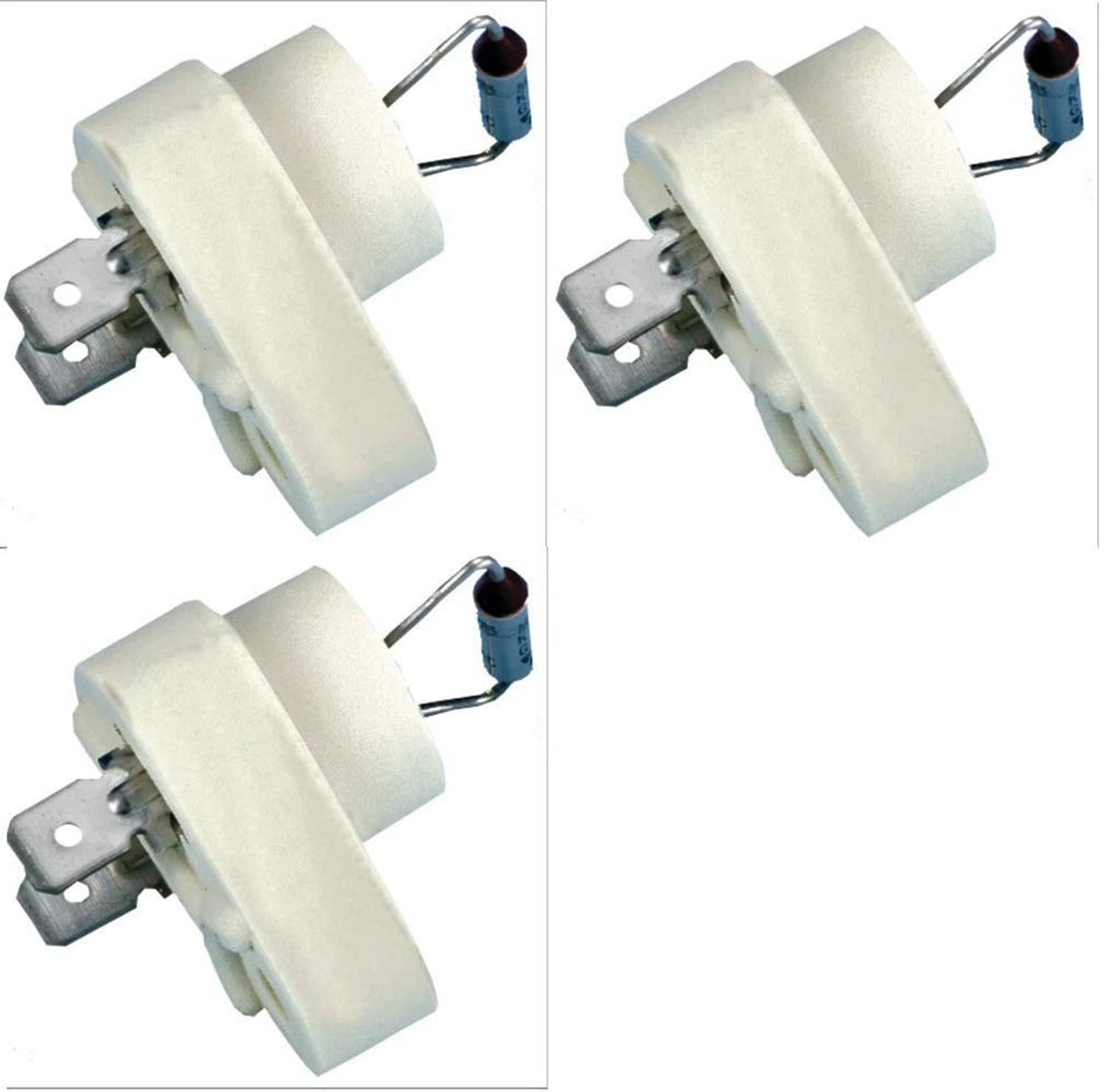 Set of three thermal cut-off fuses with white housings, blue components, and wire leads