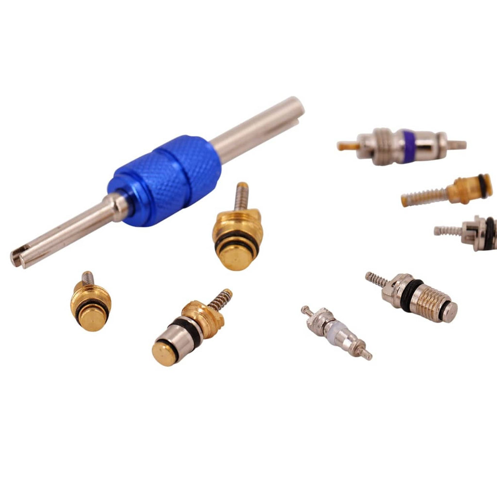 Blue dual-end valve core removal tool with assorted metal valve cores