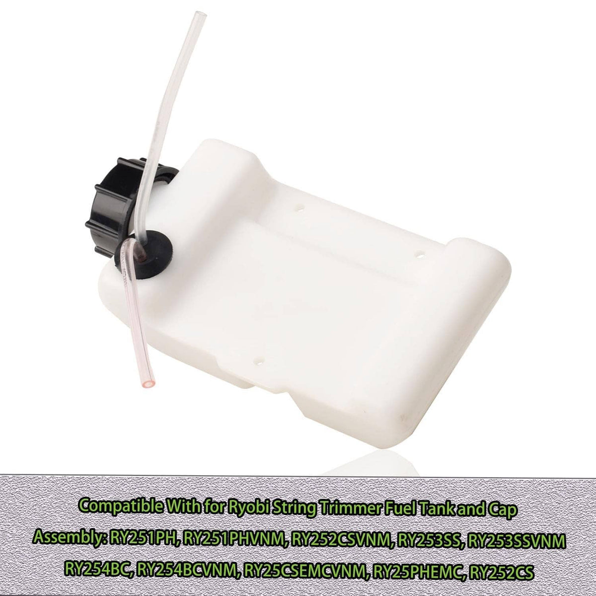 White fuel tank assembly with black cap and fuel line tubing, side view