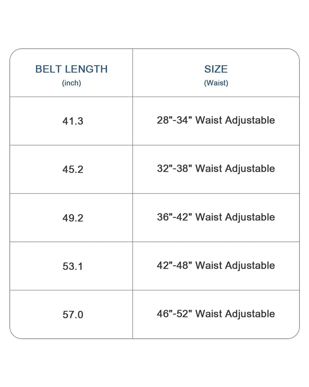 Belt size chart: adjustable waist ranges 28–52 in