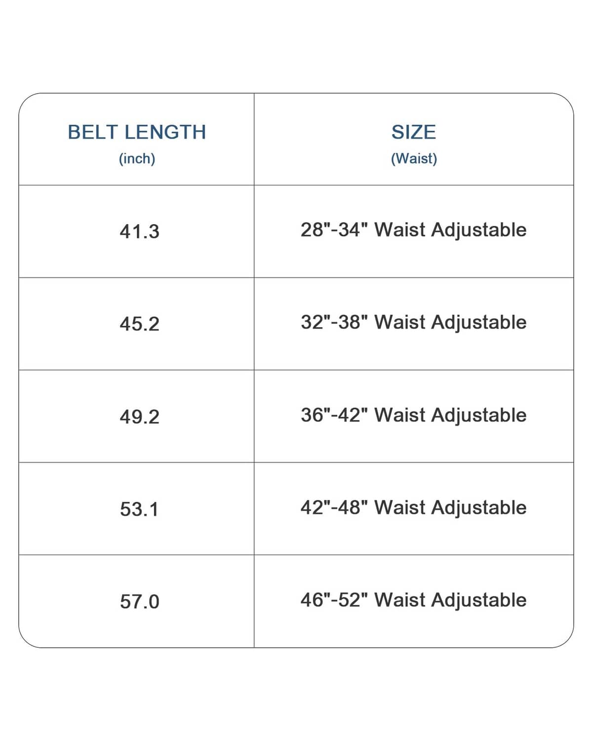 Belt size chart: adjustable waist ranges 28–52 in