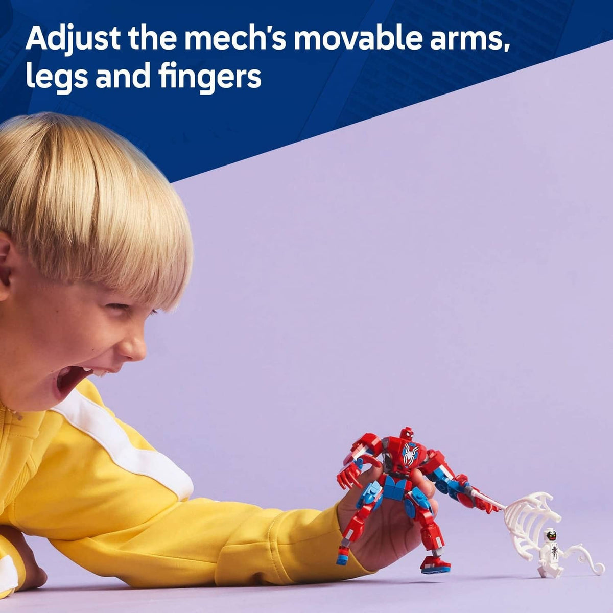 LEGO Marvel mech toy with movable red-blue arms and white web accessory