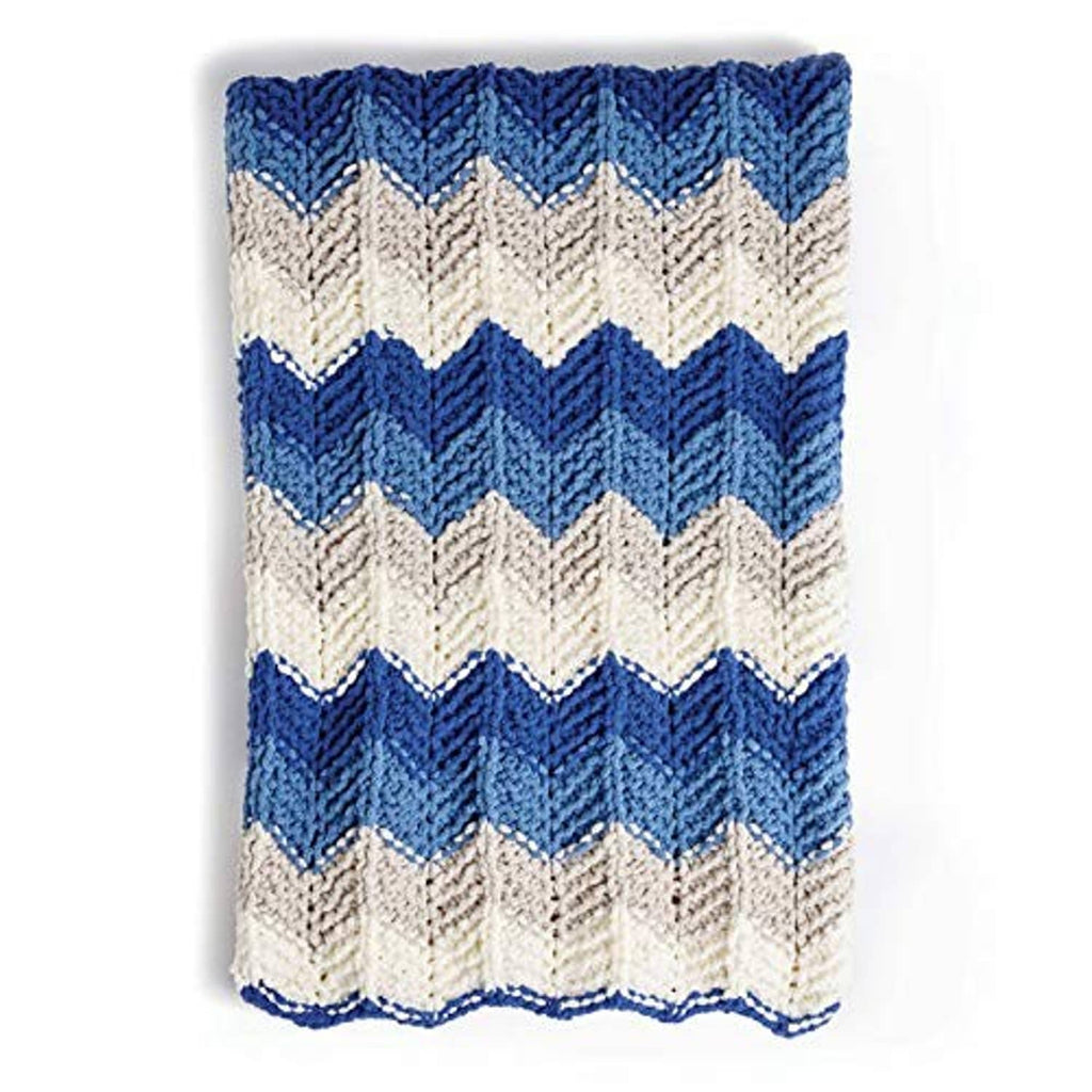 Chevron knit blanket swatch in blue and cream stripes