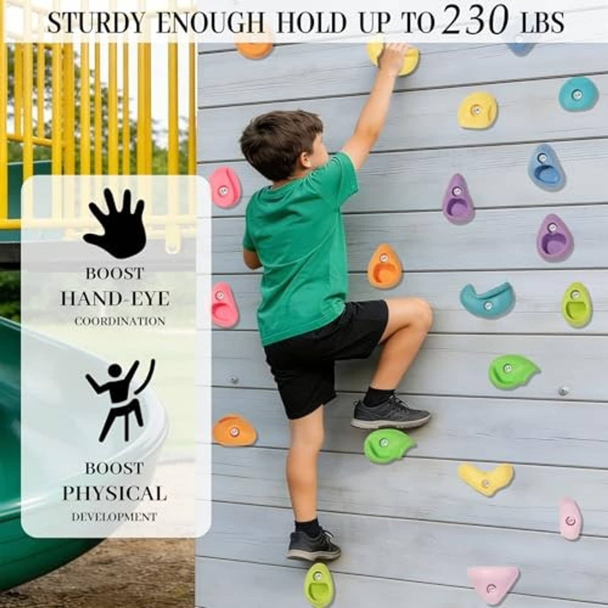 Kids rock climbing wall grip set of 36 plastic holds in multiple colors on panel