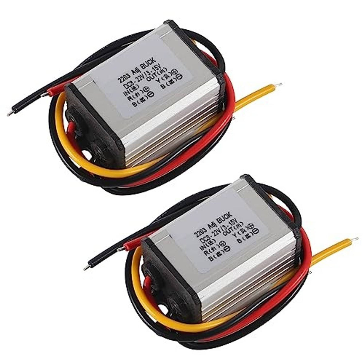 DC adjustable buck converter module with insulated wire leads in red, black, and yellow
