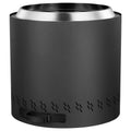 Black smokeless wood-burning fire pit stove with stainless steel rim and vent holes