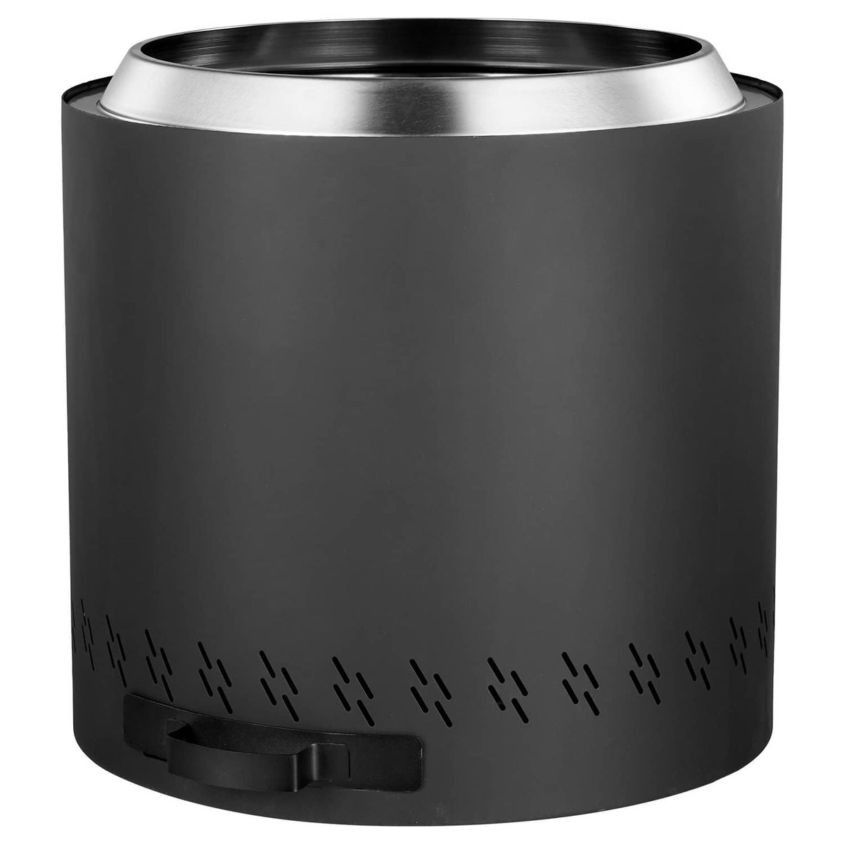 Black smokeless wood-burning fire pit stove with stainless steel rim and vent holes