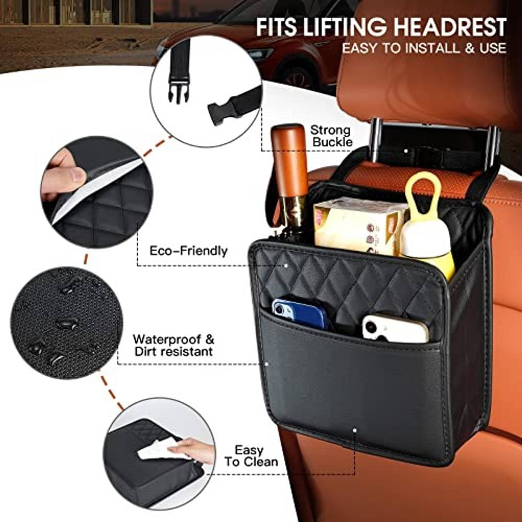 Car seat organizer bag, black quilted panel with secure buckle and easy-clean surface