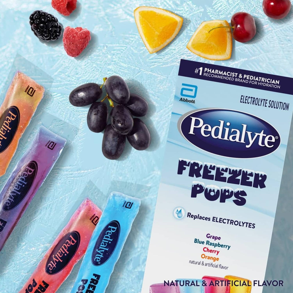 Pedialyte Freeze Pops boxes with frozen fruit and ice