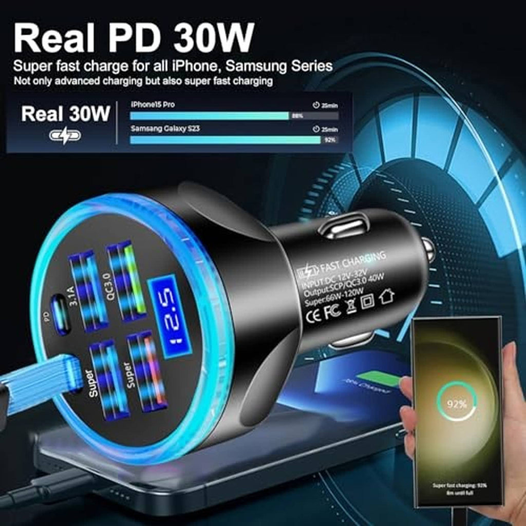 Black multiport car USB C charger adapter with blue-lit ring and charging ports