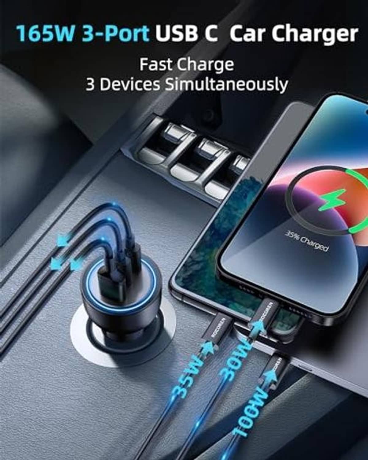 Black 3-port car charger with glowing blue ring and multiple charging cables