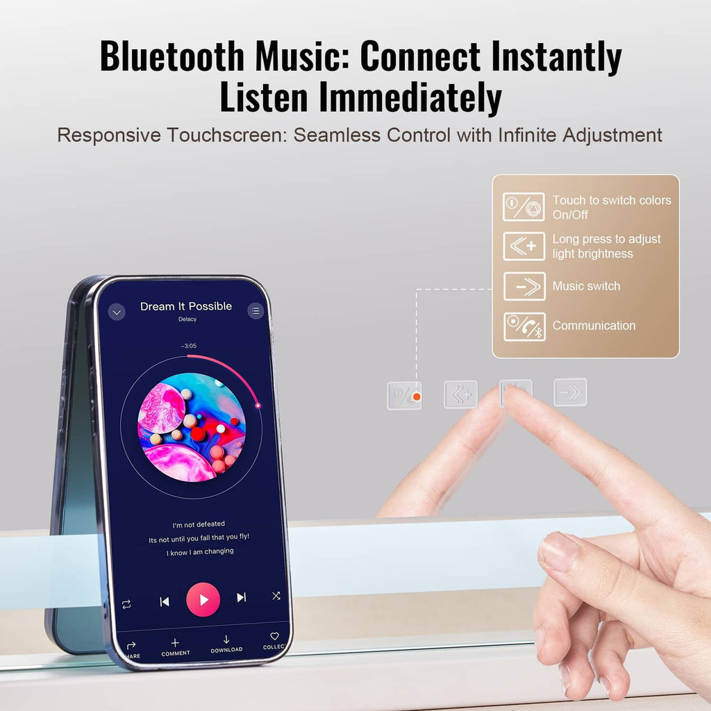 LED vanity mirror with touch controls and dark frame, shown with smartphone pairing