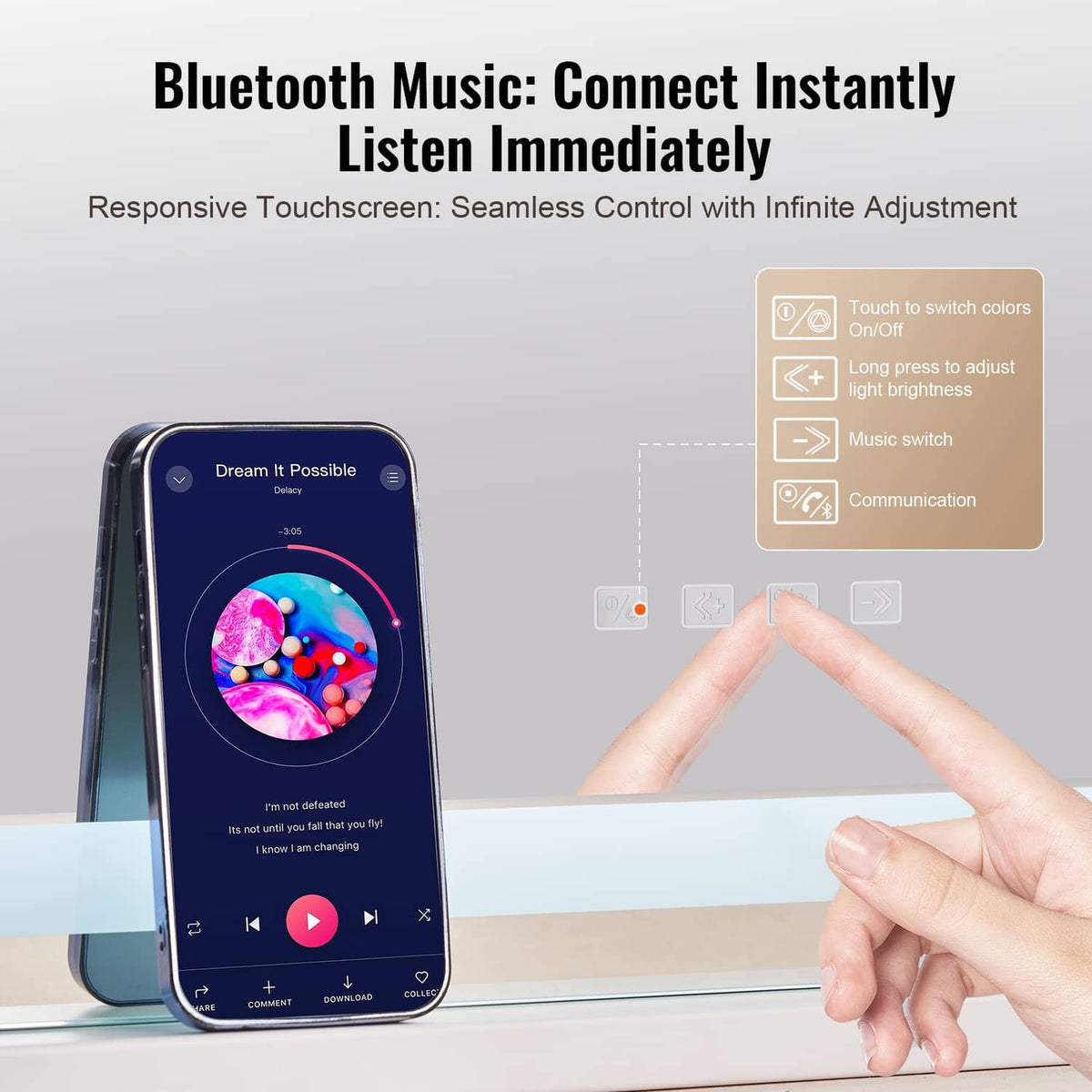 LED vanity mirror with touch controls and dark frame, shown with smartphone pairing
