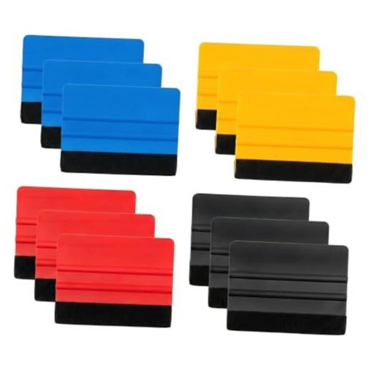 Plastic felt-edge squeegee set, 4-inch tools in blue, yellow, red, and black
