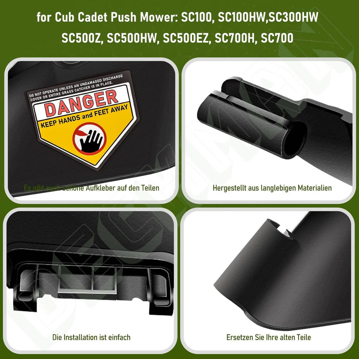 Black side discharge chute assembly with warning panel and discharge opening