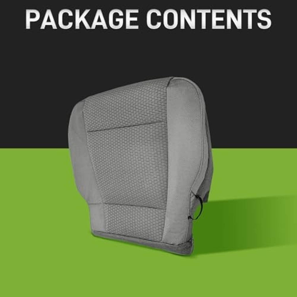 Gray woven driver seat bottom cover on green background, visible headrest and side seams