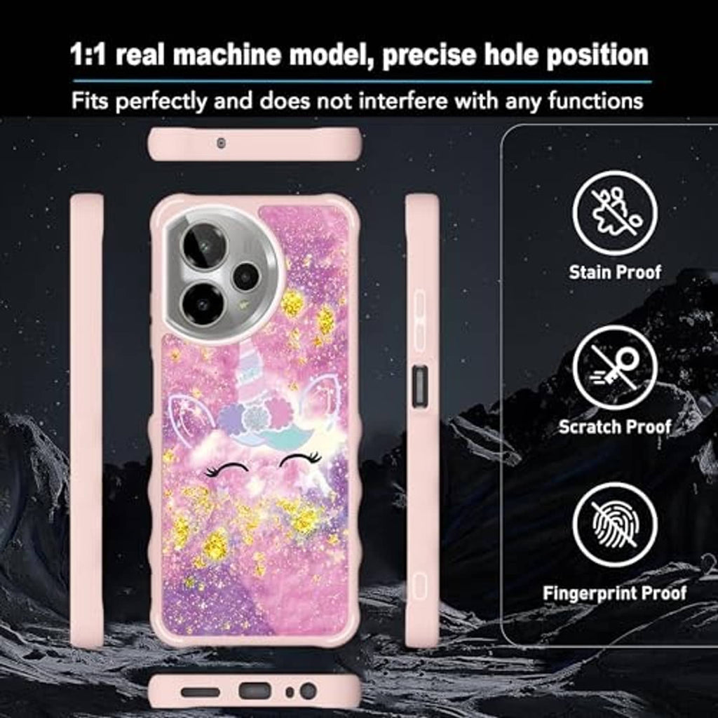 Pink glitter phone case with unicorn pattern, back and side buttons shown