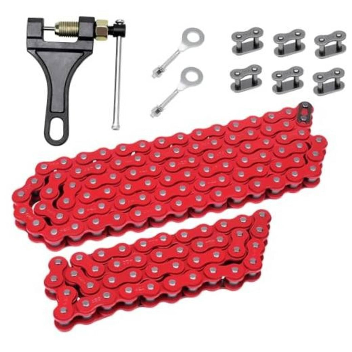 Red 420 roller chain kit with chain tool, spare master links, and mounting hardware
