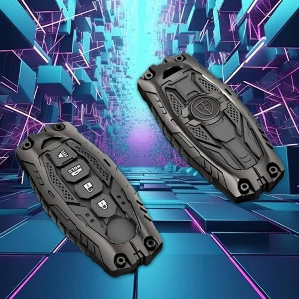 Black key fob cover case, rugged design with visible button panel and keyring hole