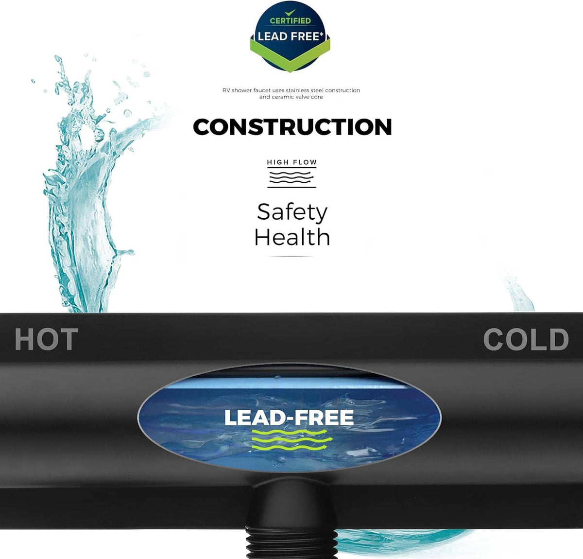 Matte black RV shower faucet valve with lead-free badge and hot/cold labels