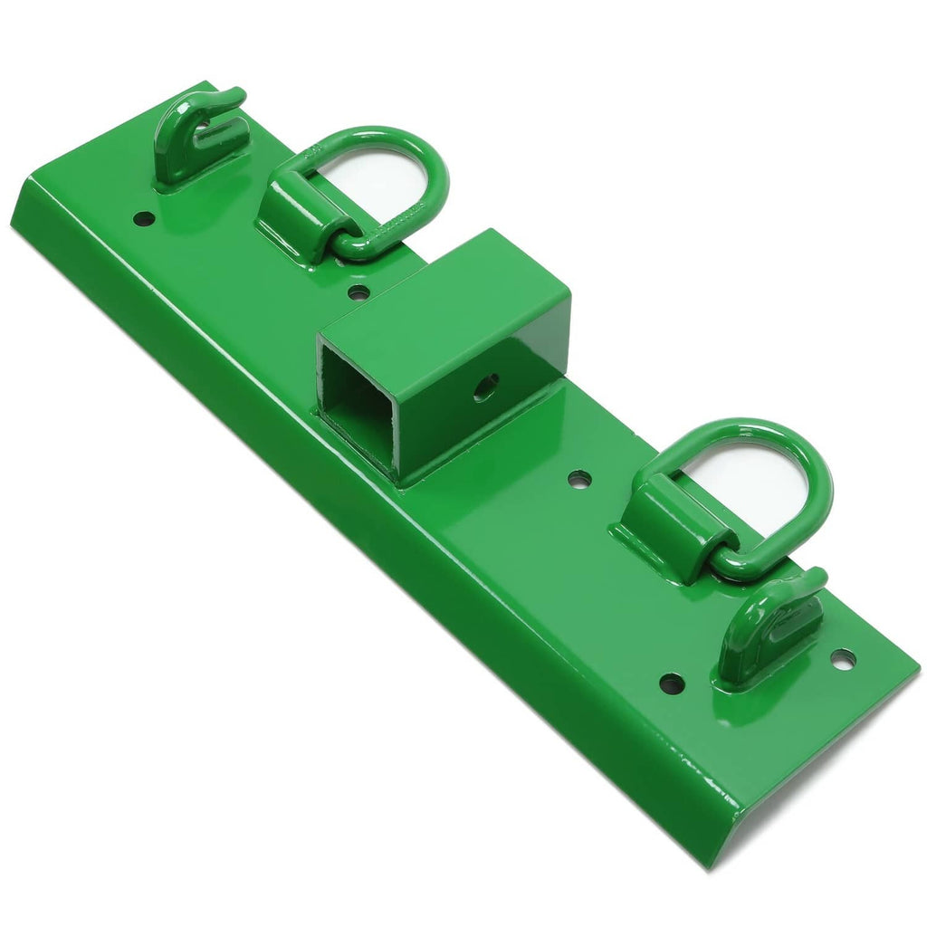 Green receiver D-ring grab hook bracket with two hooks and rectangular receiver opening