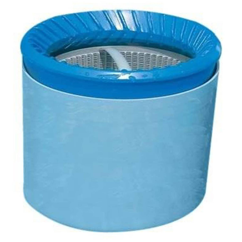 Blue pool skimmer collection basket with gray strainer insert