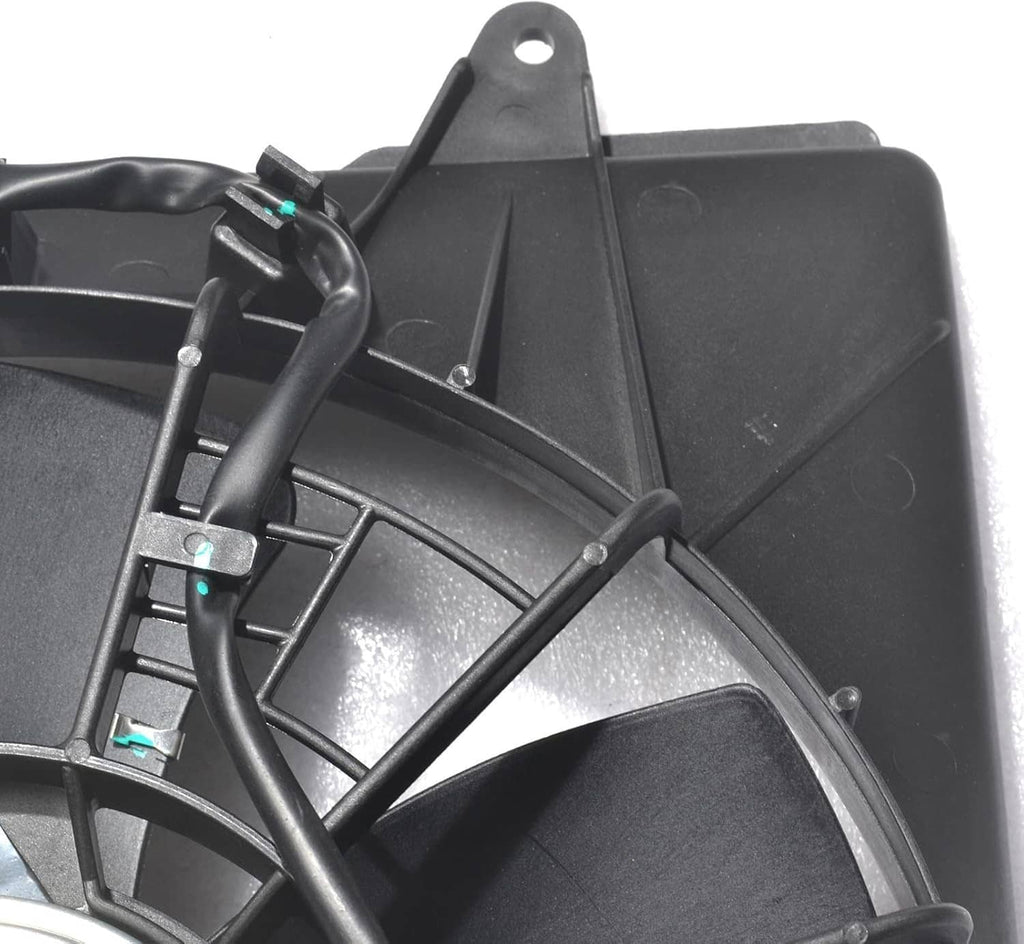 Black fan shroud with internal bracket and wiring harness detail