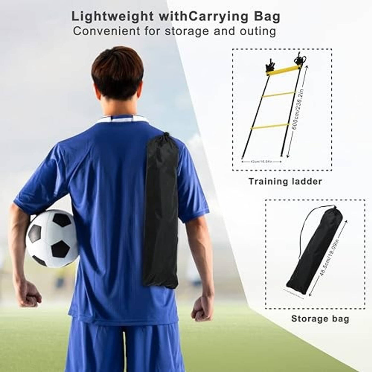 Yellow and black training ladder carried with black storage bag for convenient transport