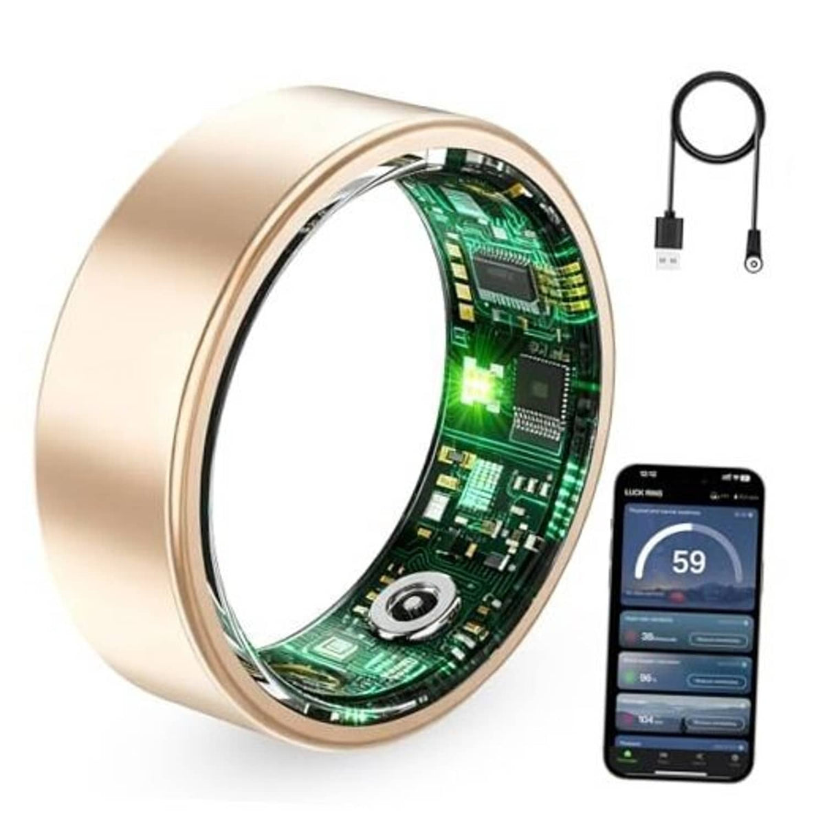 Rose gold smart ring with green sensor window and charging cable set