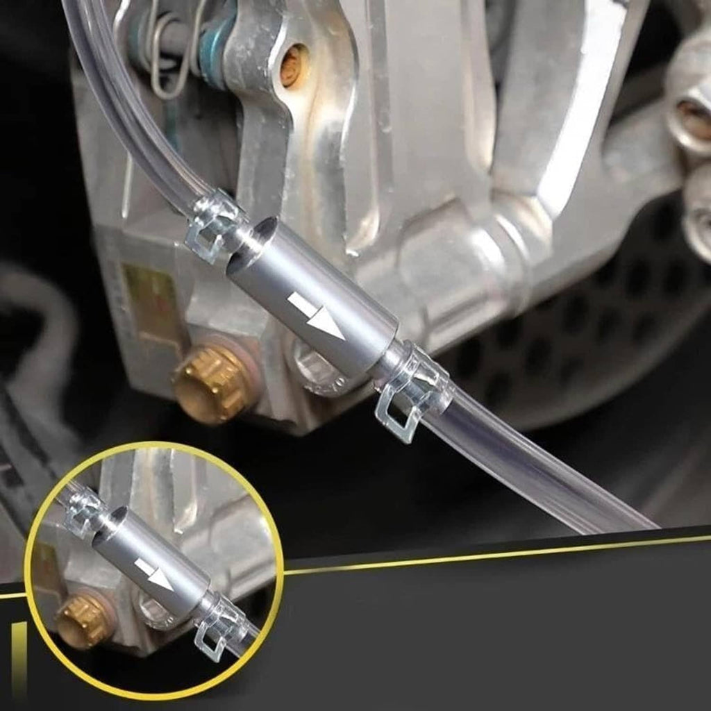 Motorcycle brake bleeder valve connector with clear hose and metal fitting