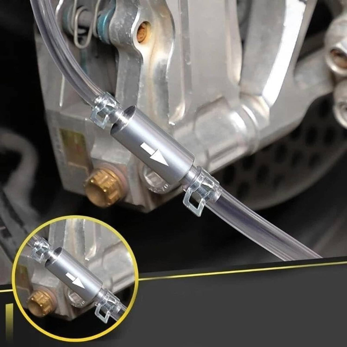 Motorcycle brake bleeder valve connector with clear hose and metal fitting