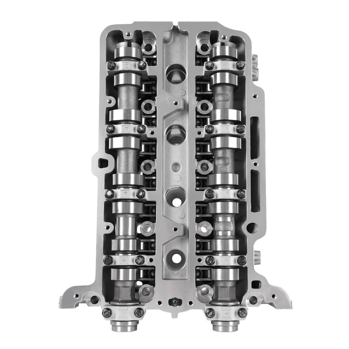 Cylinder head front view with twin camshafts and valve lifters, silver housing