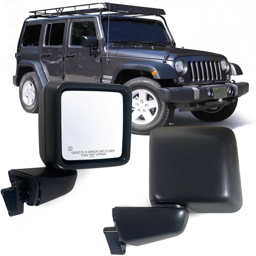 Black rectangular passenger heated side mirror with glossy housing and clear glass window