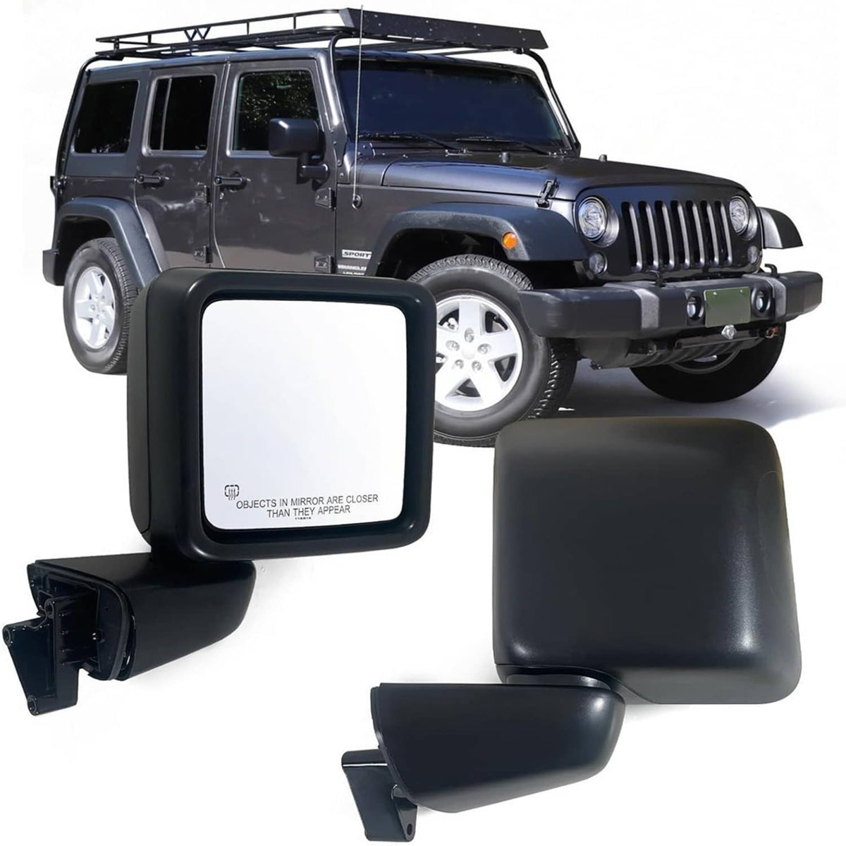 Black rectangular passenger heated side mirror with glossy housing and clear glass window