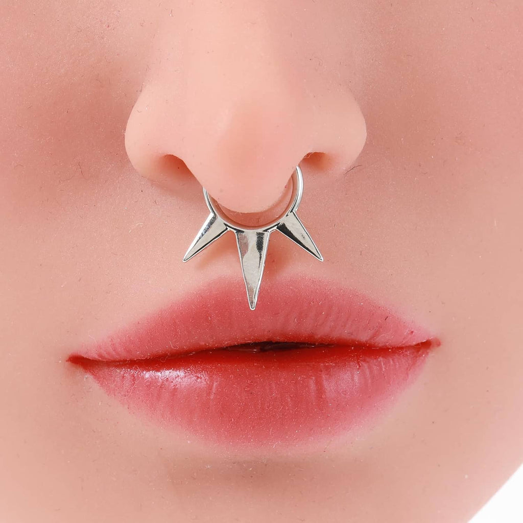 Silver non-piercing faux septum hoop with three downward spike points