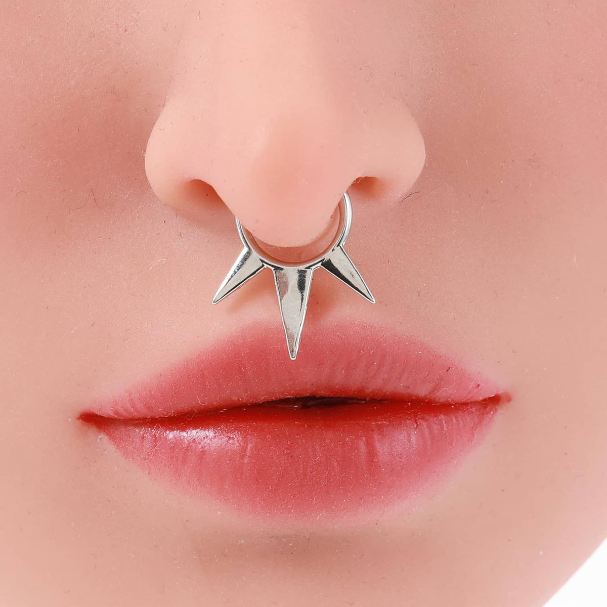 Silver non-piercing faux septum hoop with three downward spike points