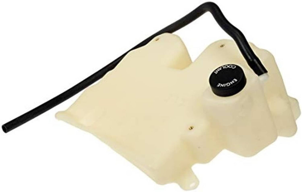 Cream coolant reservoir with black hoses, round cap, and side ports