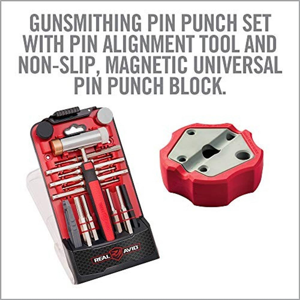 Pin punch set with pin alignment tool and red non-slip magnetic bench block