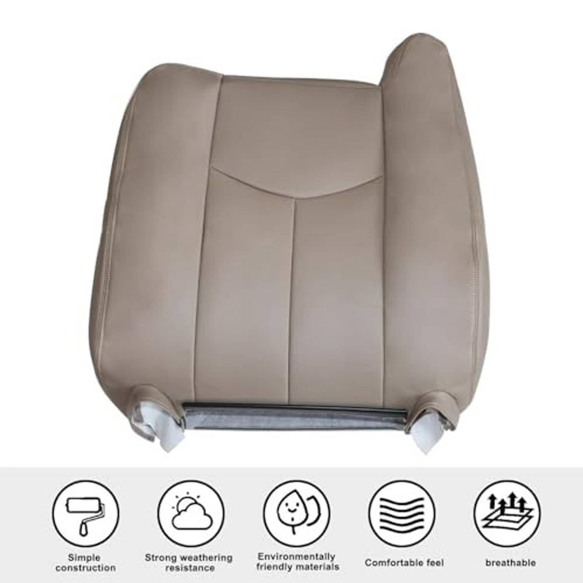 Tan front seat back replacement cover with stitched panels and side bolsters