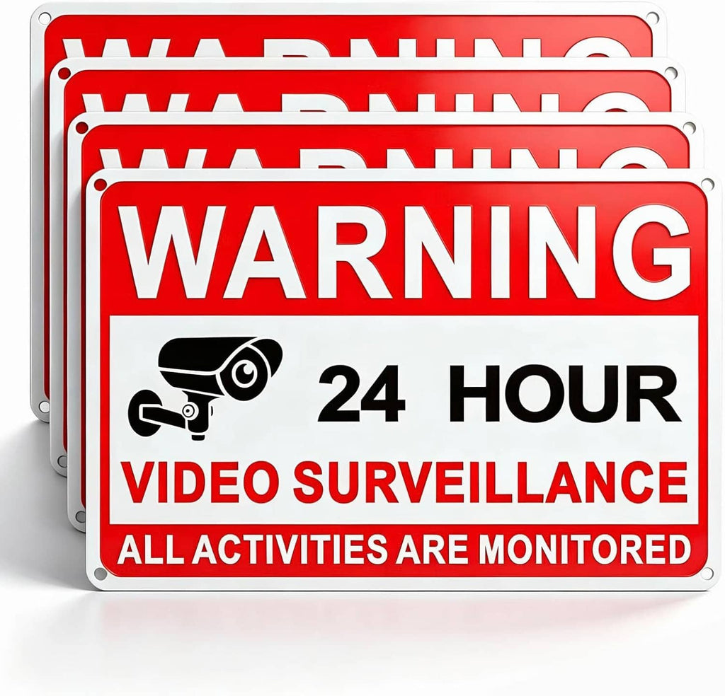 Red and white CCTV warning aluminum sign: WARNING 24 HOUR VIDEO SURVEILLANCE text