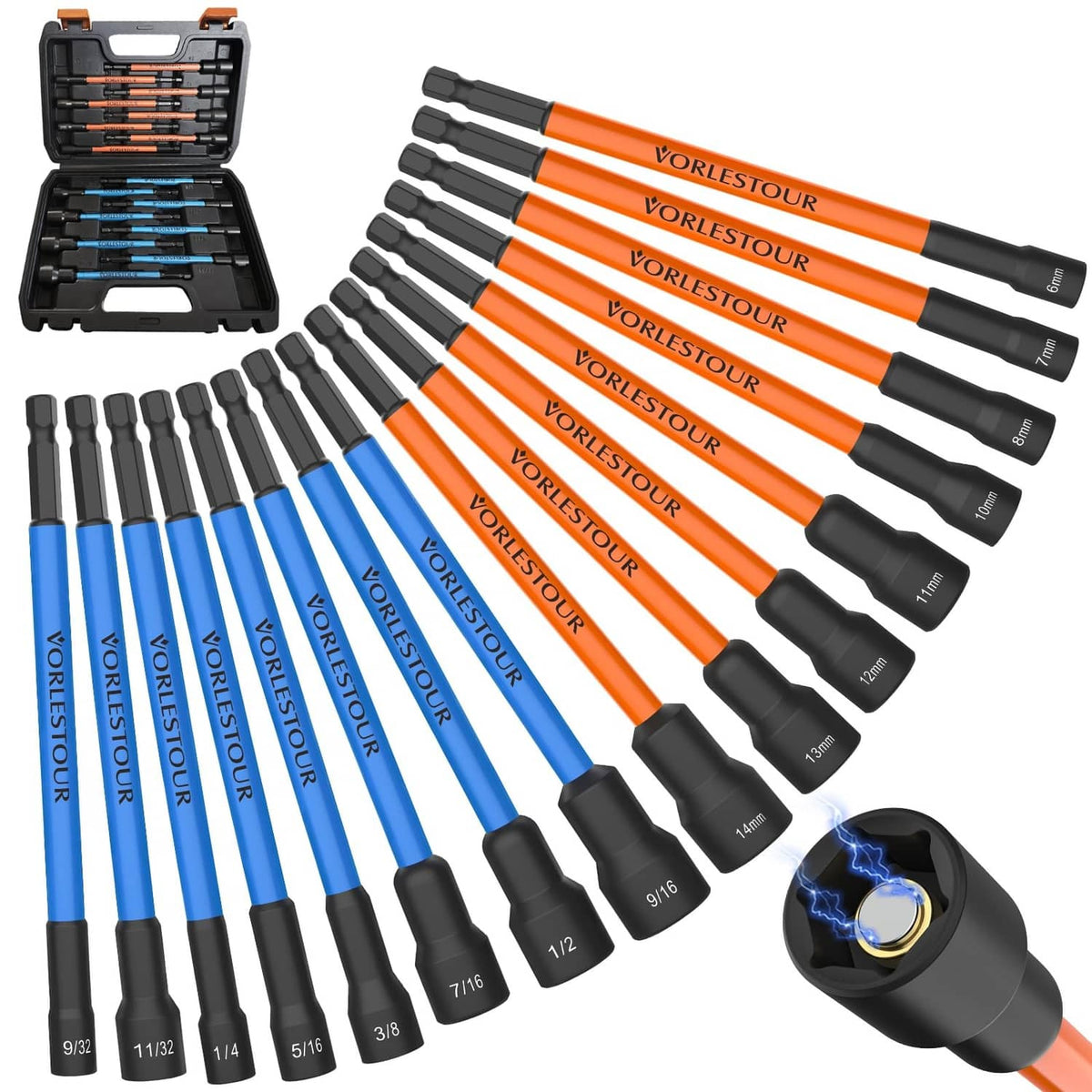 Magnetic nut driver set with orange and blue shafts in a black storage case