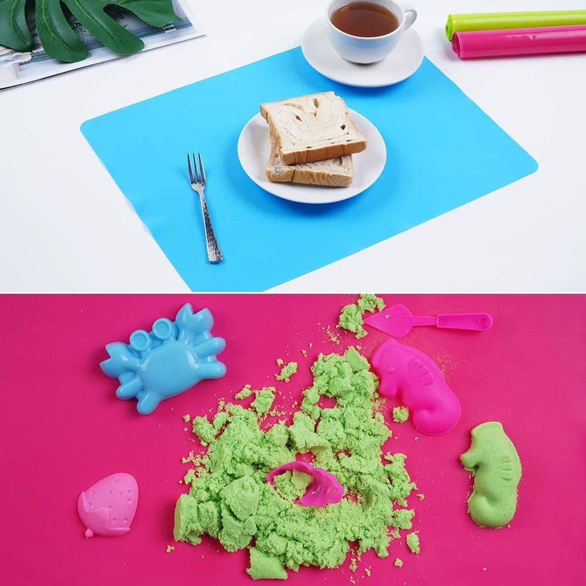 Blue silicone work mat with stamp molds and craft materials for resin or casts