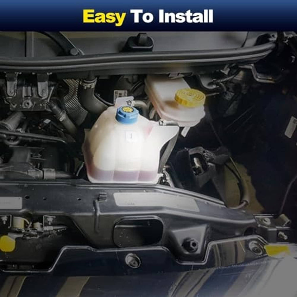Engine coolant reservoir installed in engine bay, white tank with blue cap