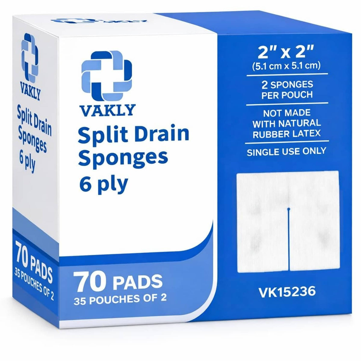 Sterile white split drain sponge gauze pads, 2x2 sealed pouches