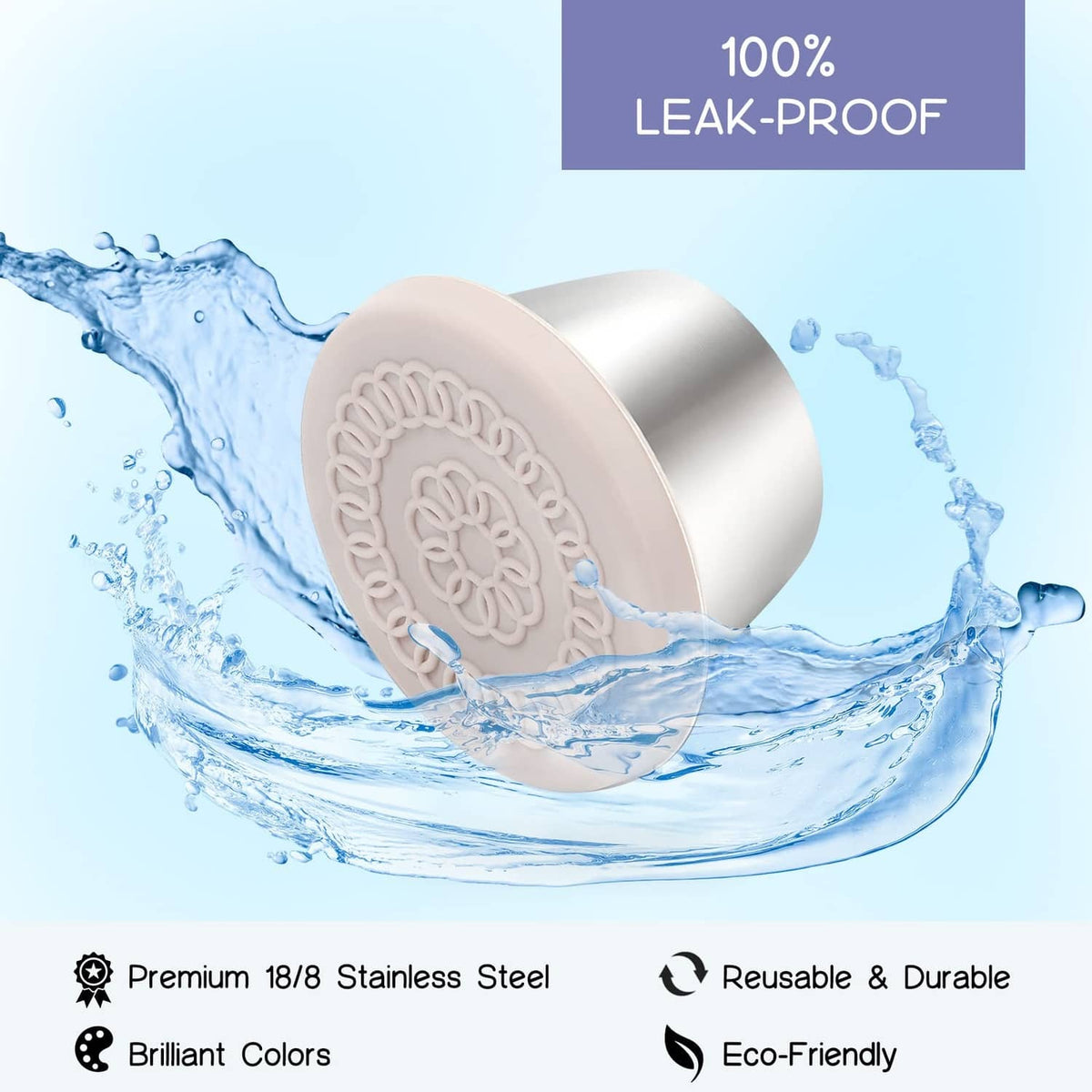 Leak-proof salad dressing container with embossed silicone lid and stainless steel cup