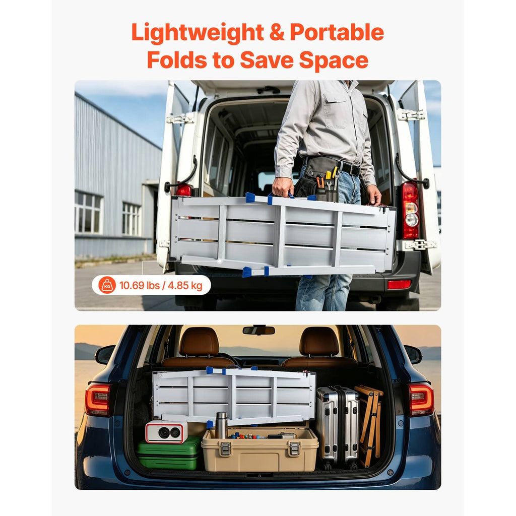 Folded aluminum work platform stool in a van cargo area, compact for transport