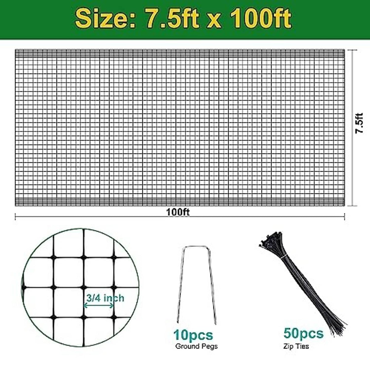 Black square-mesh garden netting, 7.5 ft x 100 ft, with ground pegs and ties