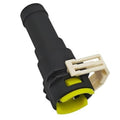 Black heater hose connector with lime seal ring and white 2-pin plug