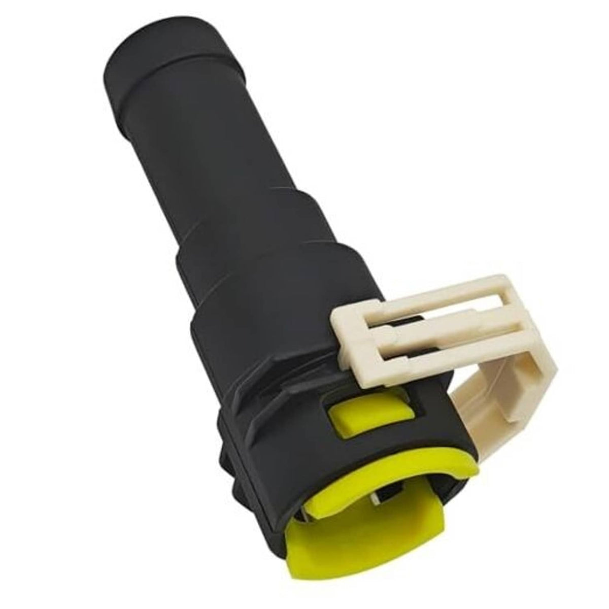 Black heater hose connector with lime seal ring and white 2-pin plug