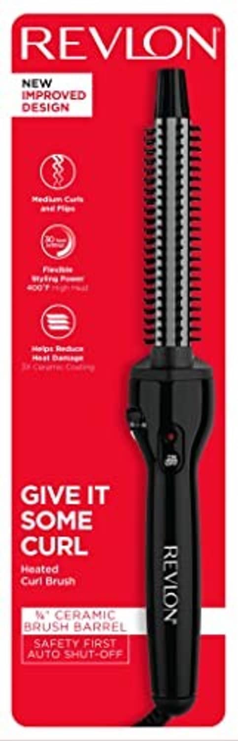 Revlon curling brush iron retail box, black brush barrel with auto shut-off